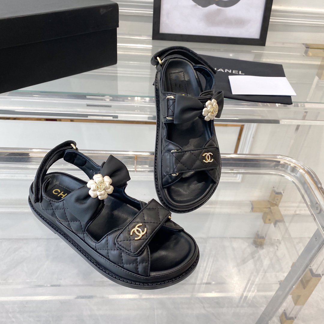 CHANEL dad sandals black lambskin