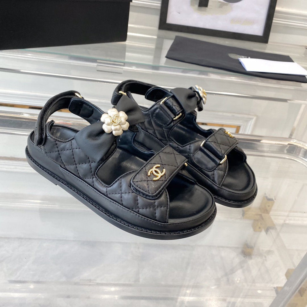 CHANEL dad sandals black lambskin