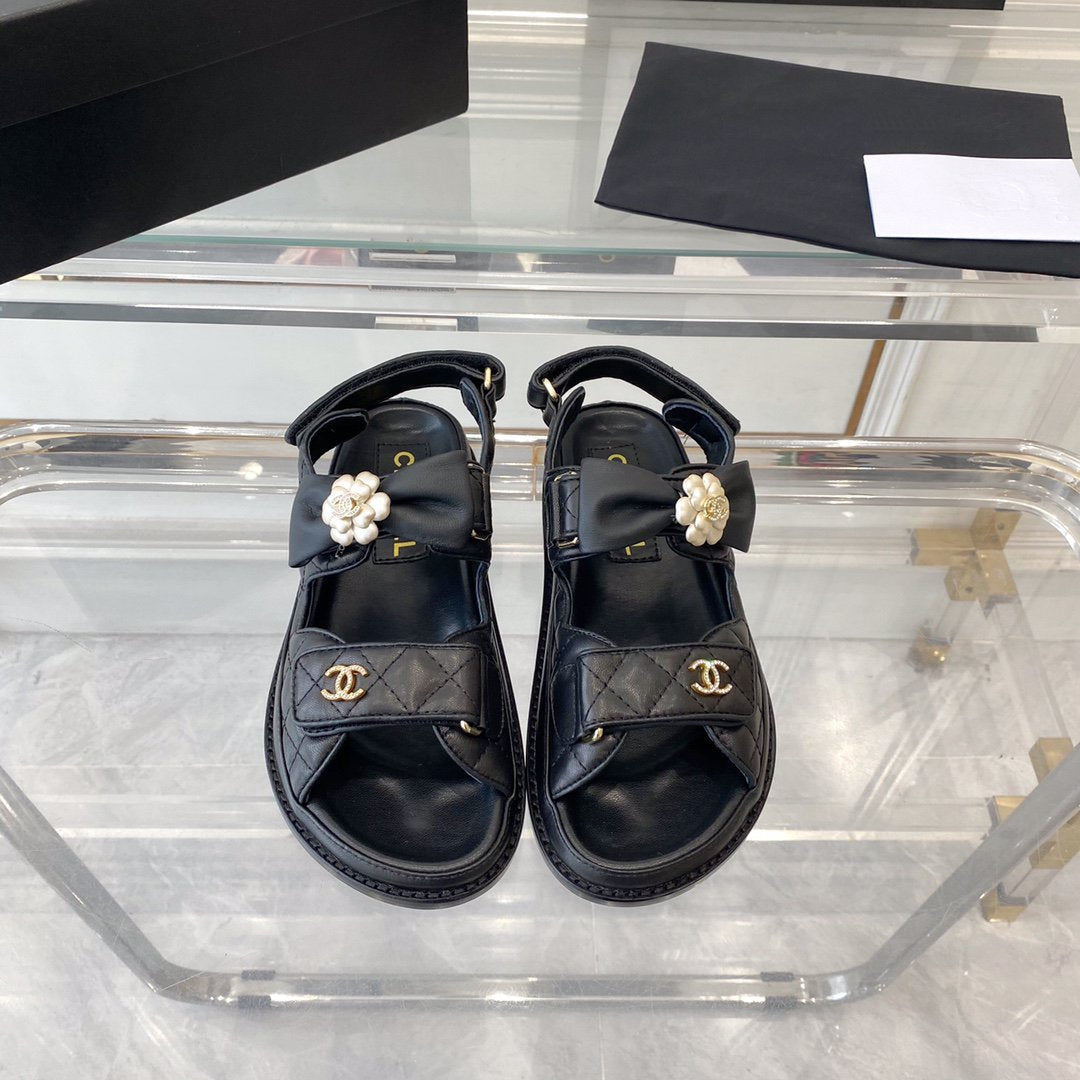CHANEL dad sandals black lambskin