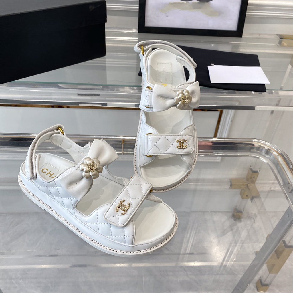 CHANEL dad sandals white lambskin