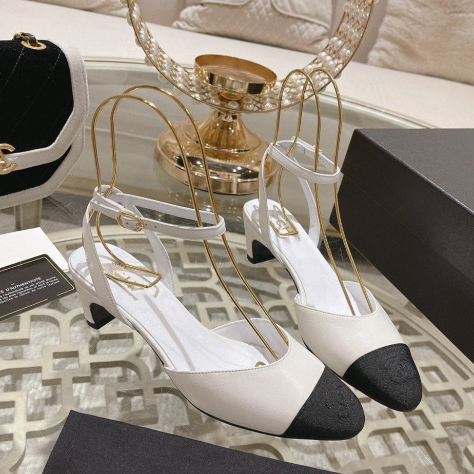 CHANEL high slingbacks white black lambskin grosgrain