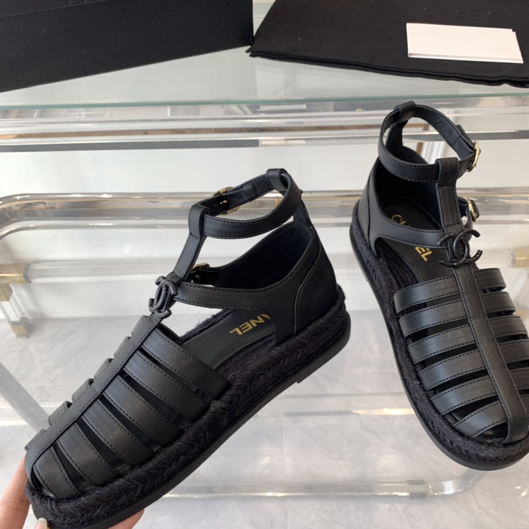 CHANEL medium roman sandals black lambskin