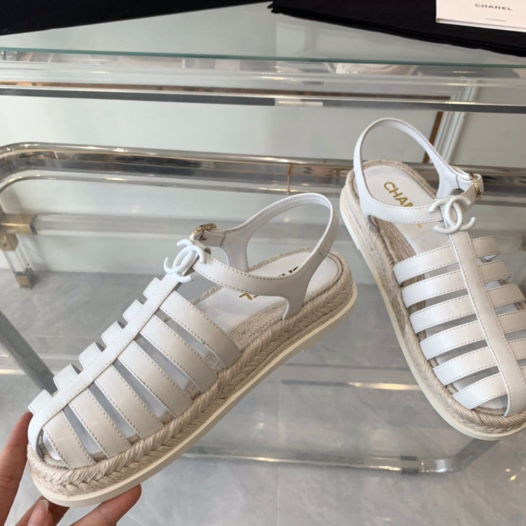 CHANEL roman sandals white lambskin