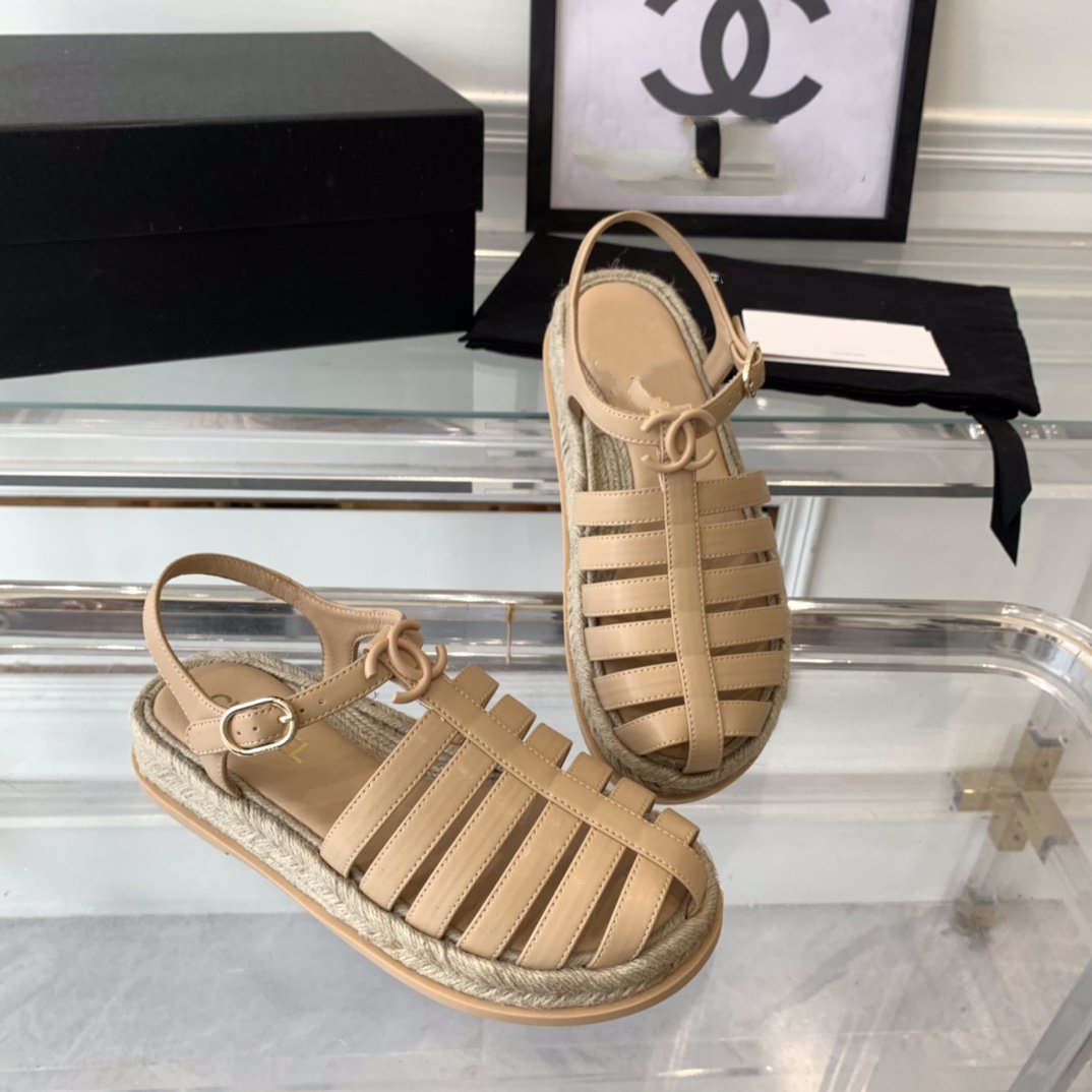 CHANEL roman sandals beige lambskin