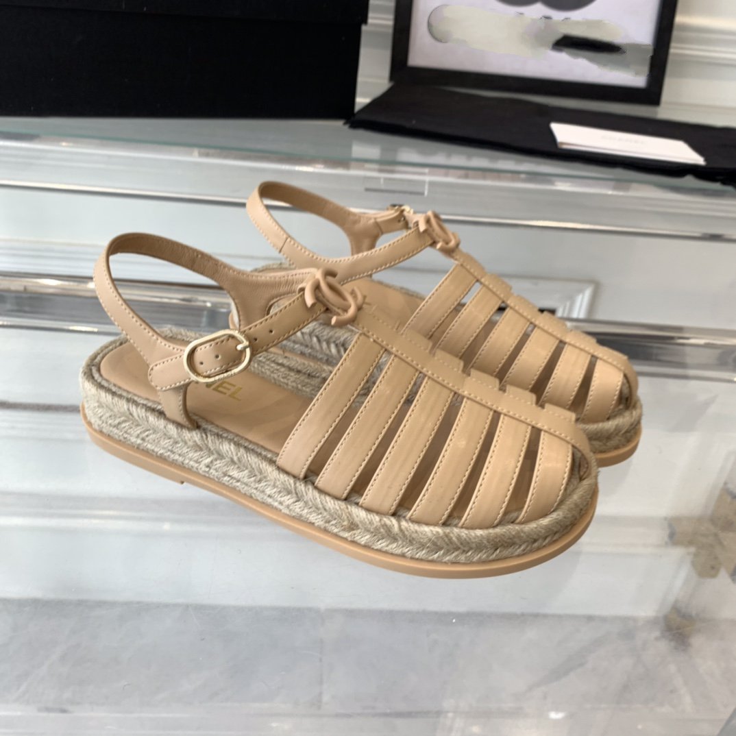 CHANEL roman sandals beige lambskin