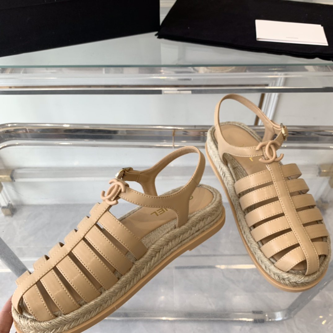 CHANEL roman sandals beige lambskin