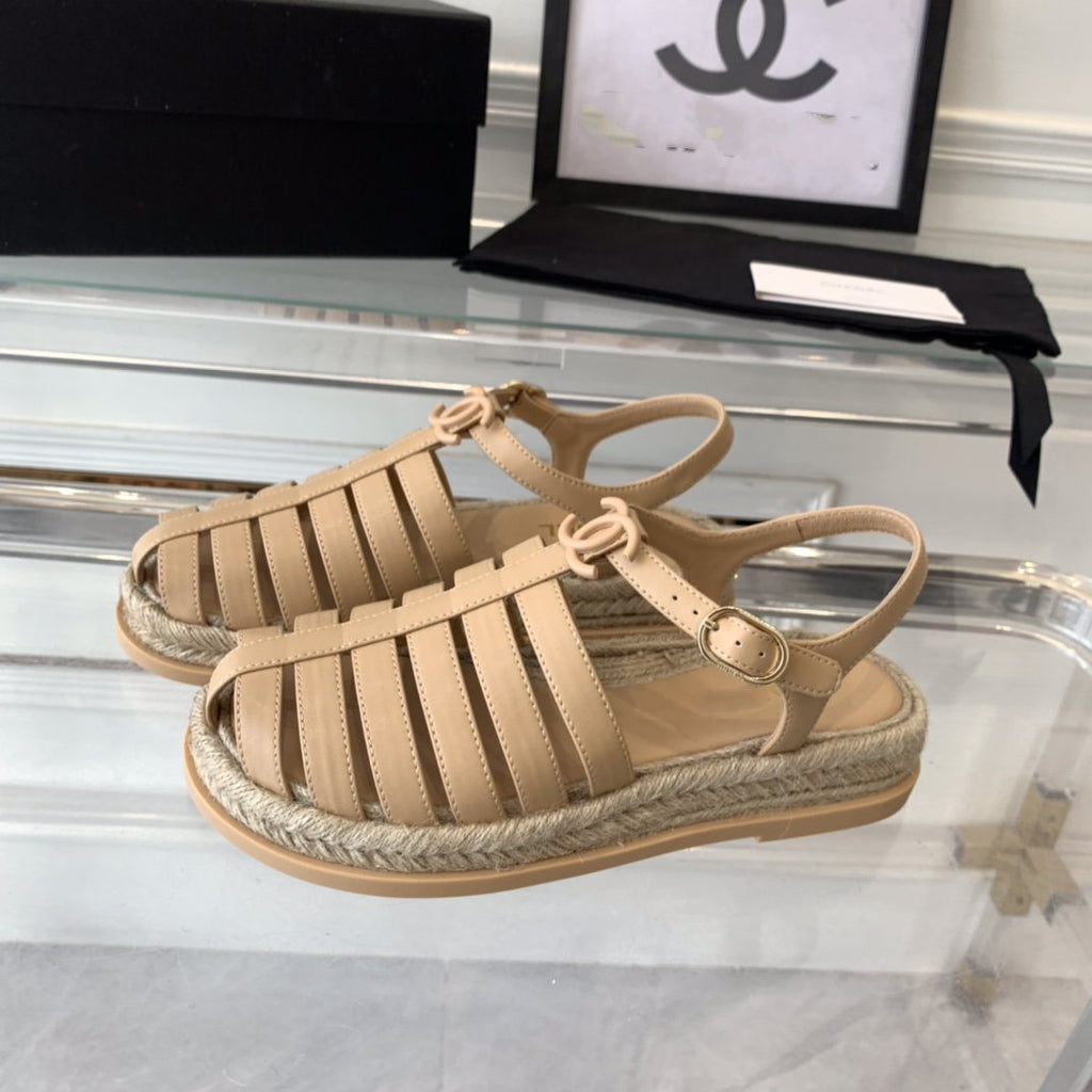 CHANEL roman sandals beige lambskin