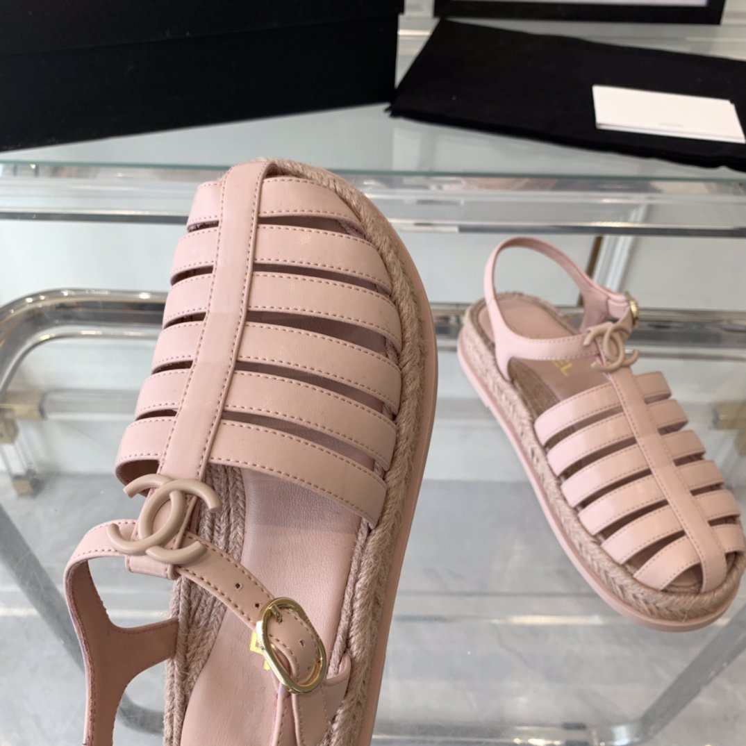 CHANEL roman sandals pink lambskin