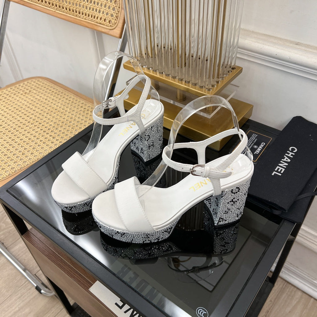 CHANEL SANDALS leather satin white