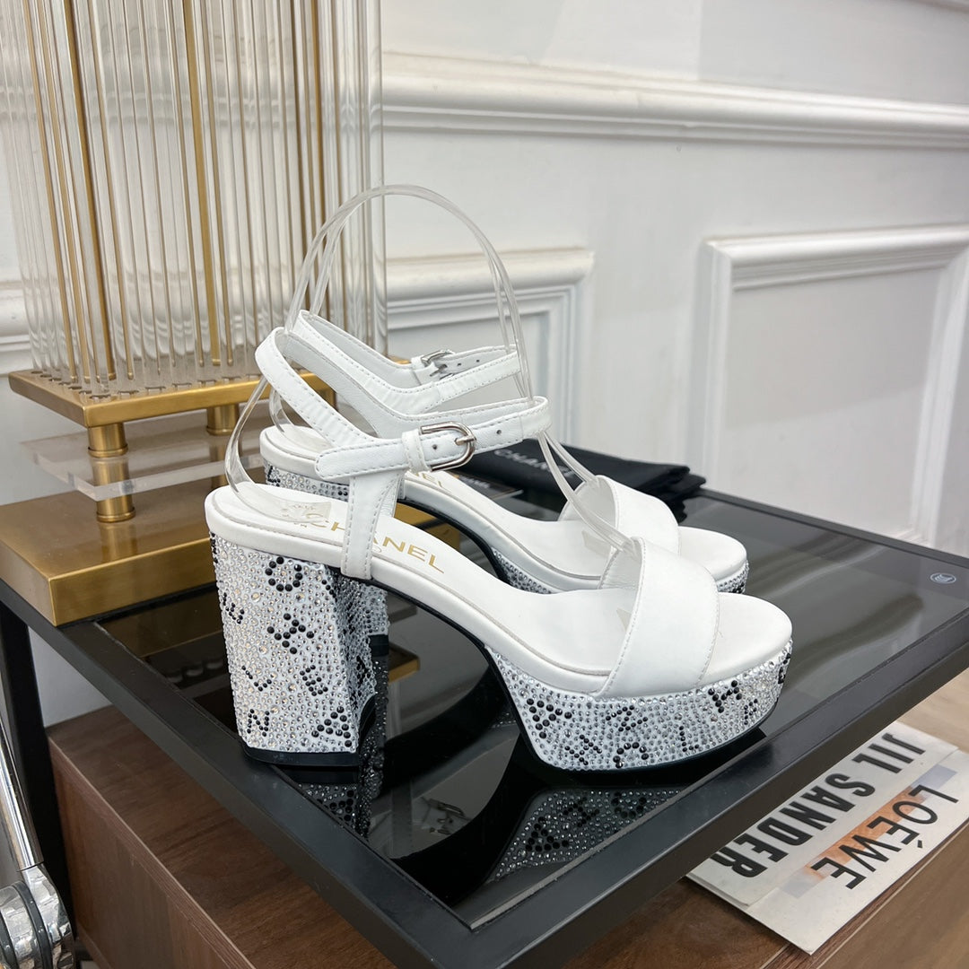 CHANEL SANDALS leather satin white