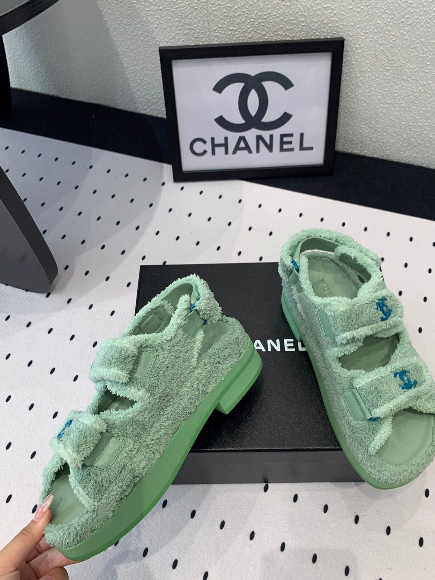 CHANEL DAD SANDALS PLATFORM IN MINT GREEN FUR