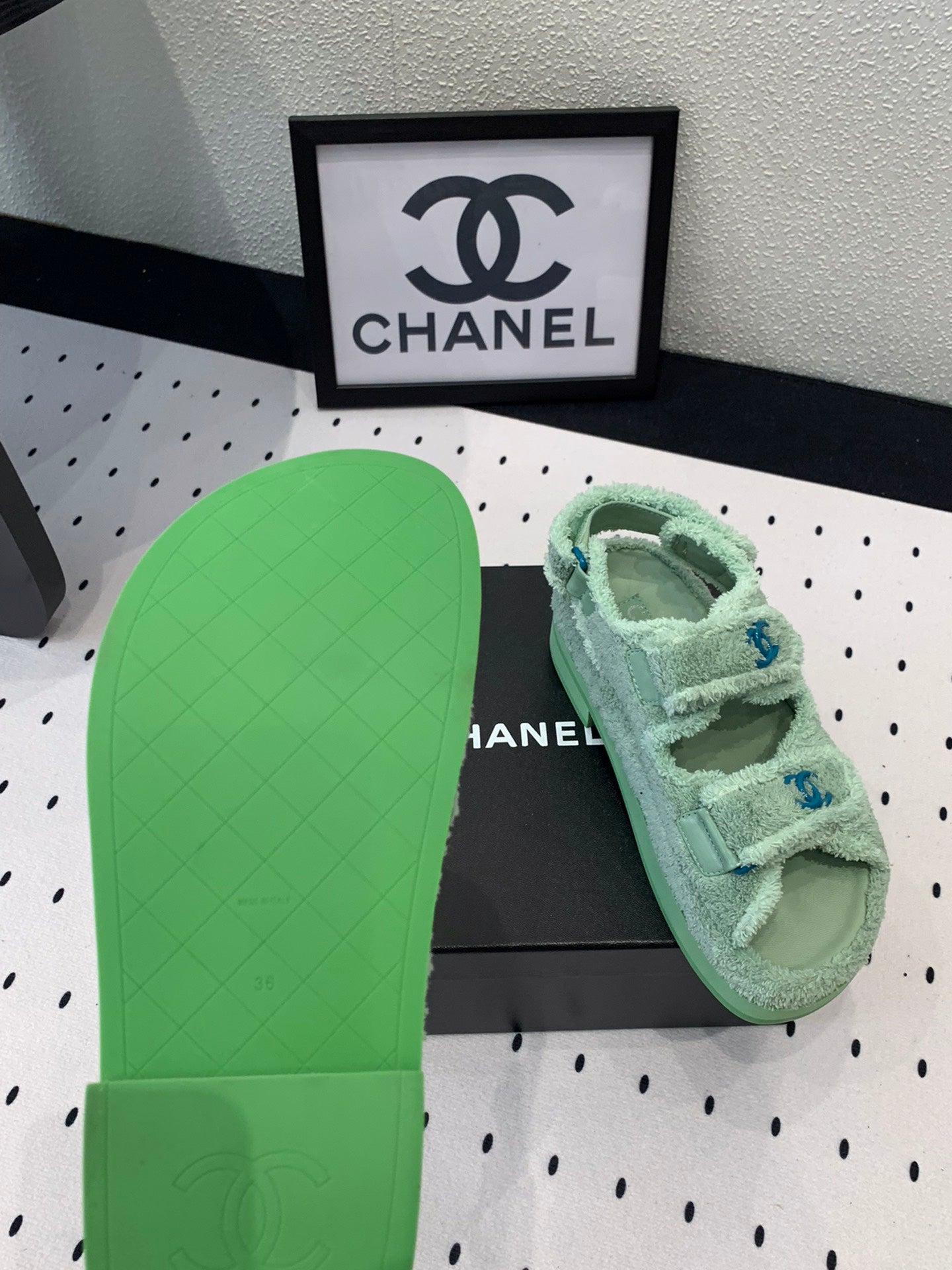 CHANEL DAD SANDALS PLATFORM IN MINT GREEN FUR