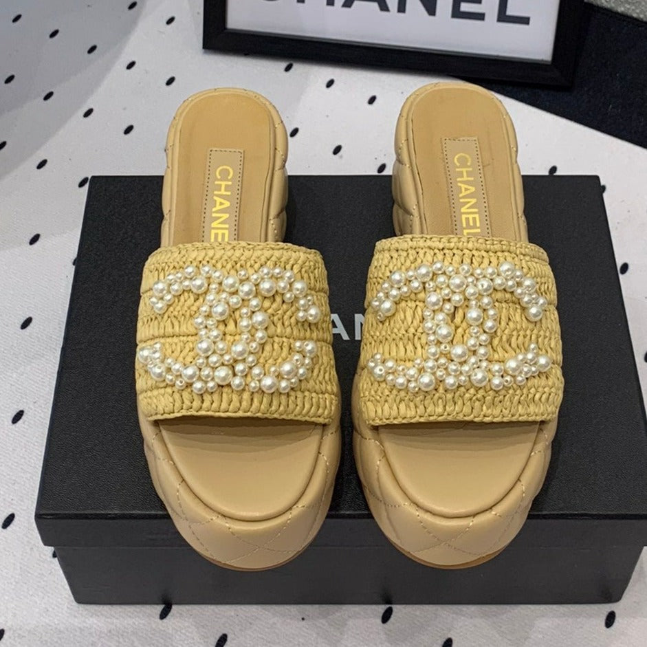 CHANEL Double  pearl platform sandals Sheepskin Fawn Yellow