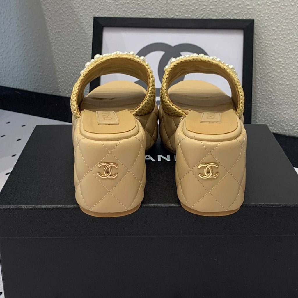 CHANEL Double  pearl platform sandals Sheepskin Fawn Yellow