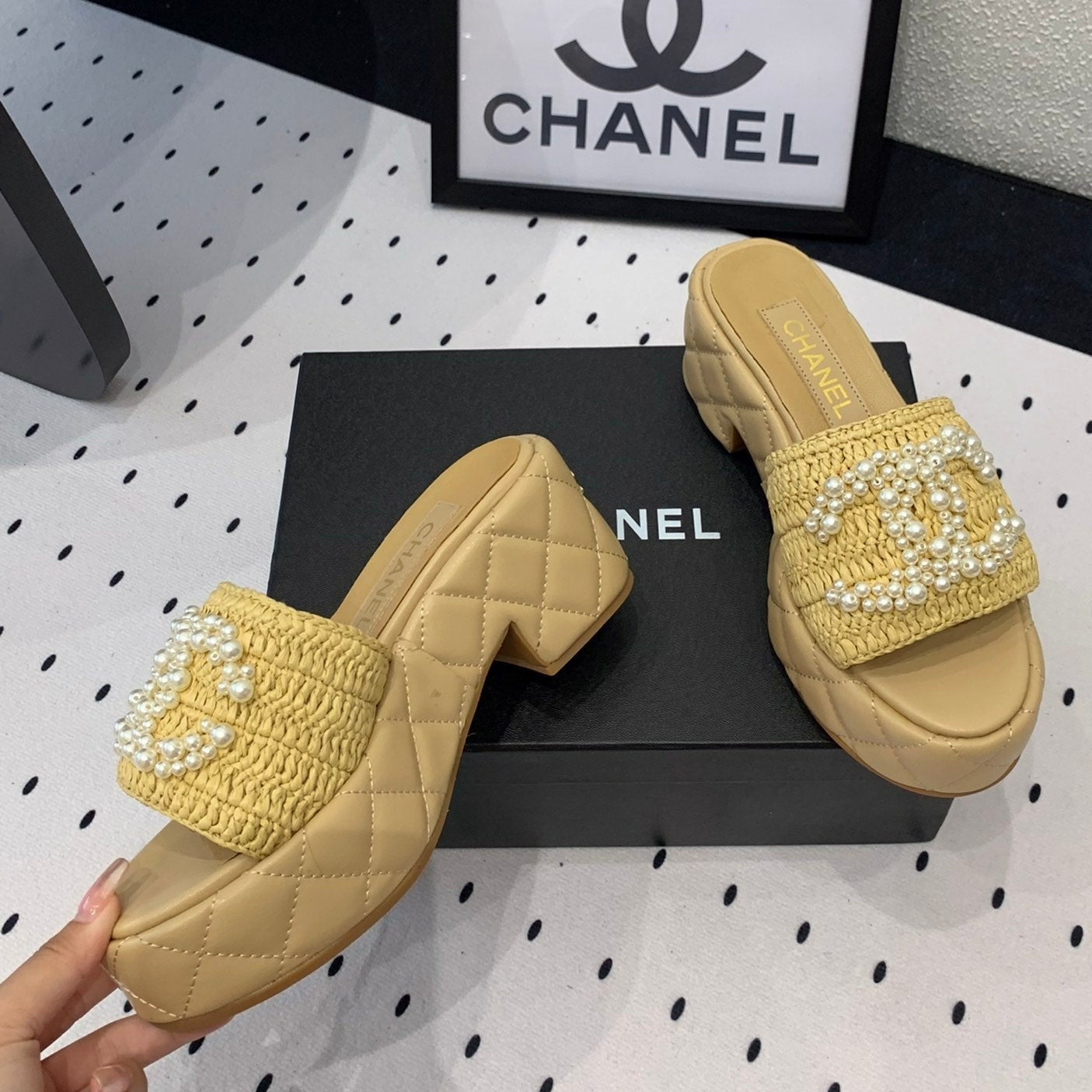 CHANEL Double  pearl platform sandals Sheepskin Fawn Yellow