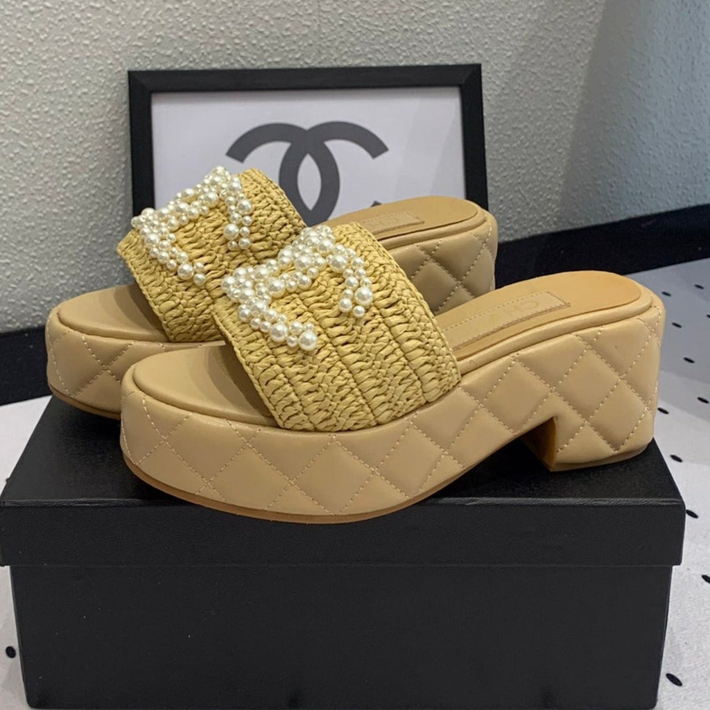 CHANEL Double  pearl platform sandals Sheepskin Fawn Yellow