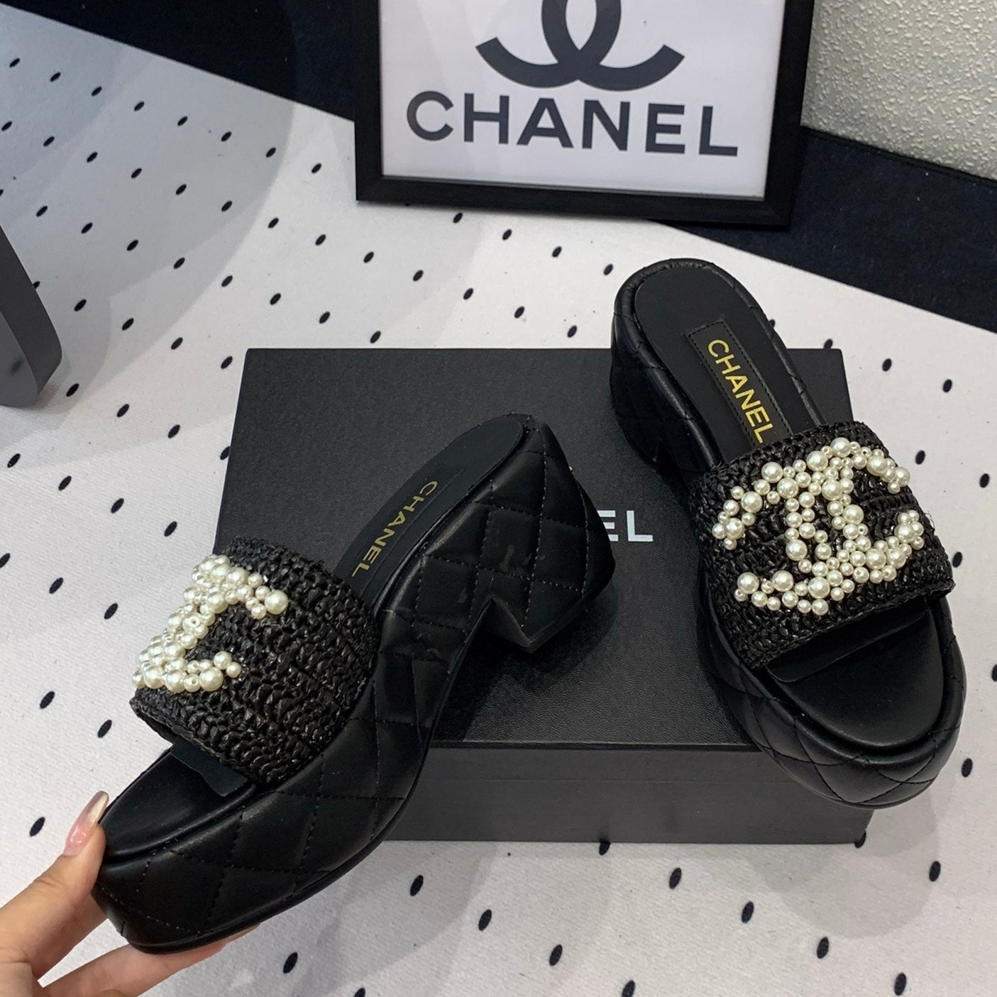 CHANEL Double  pearl platform sandals Sheepskin Black