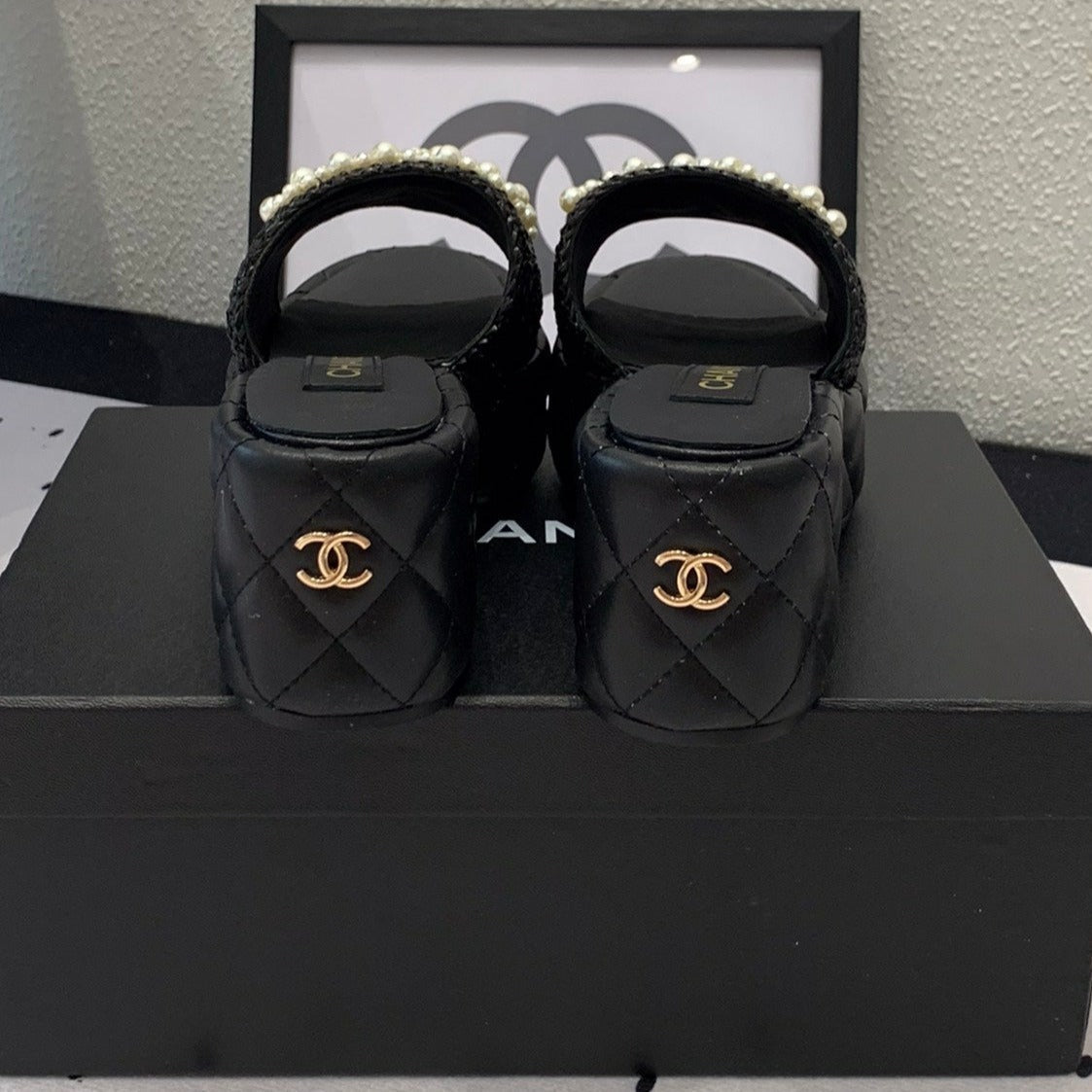 CHANEL Double  pearl platform sandals Sheepskin Black