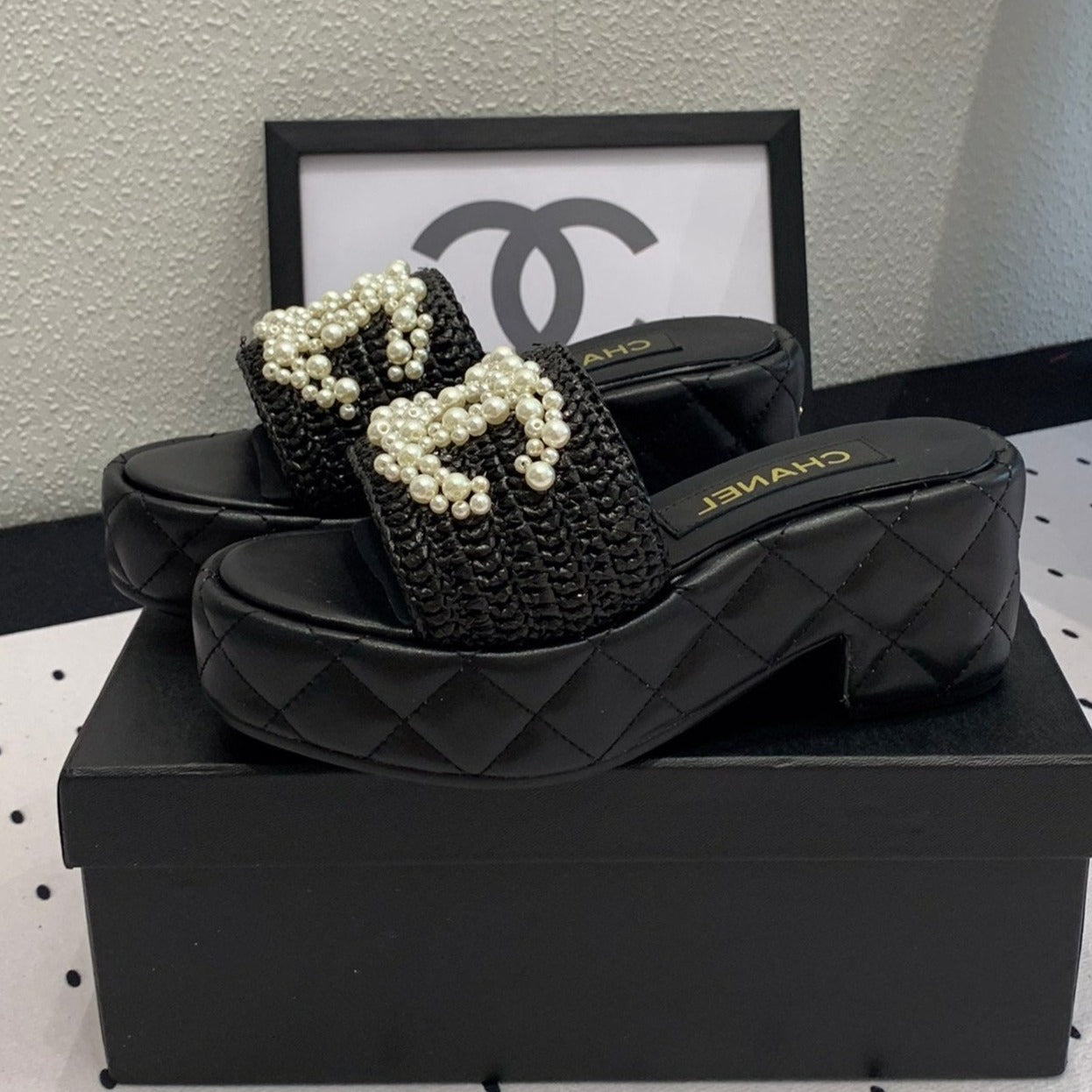 CHANEL Double  pearl platform sandals Sheepskin Black