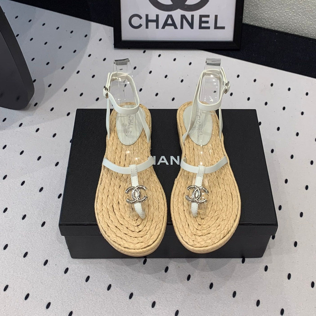 CHANEL Double  Vintage straw sandals replica designer shoe White Beige sheepskin