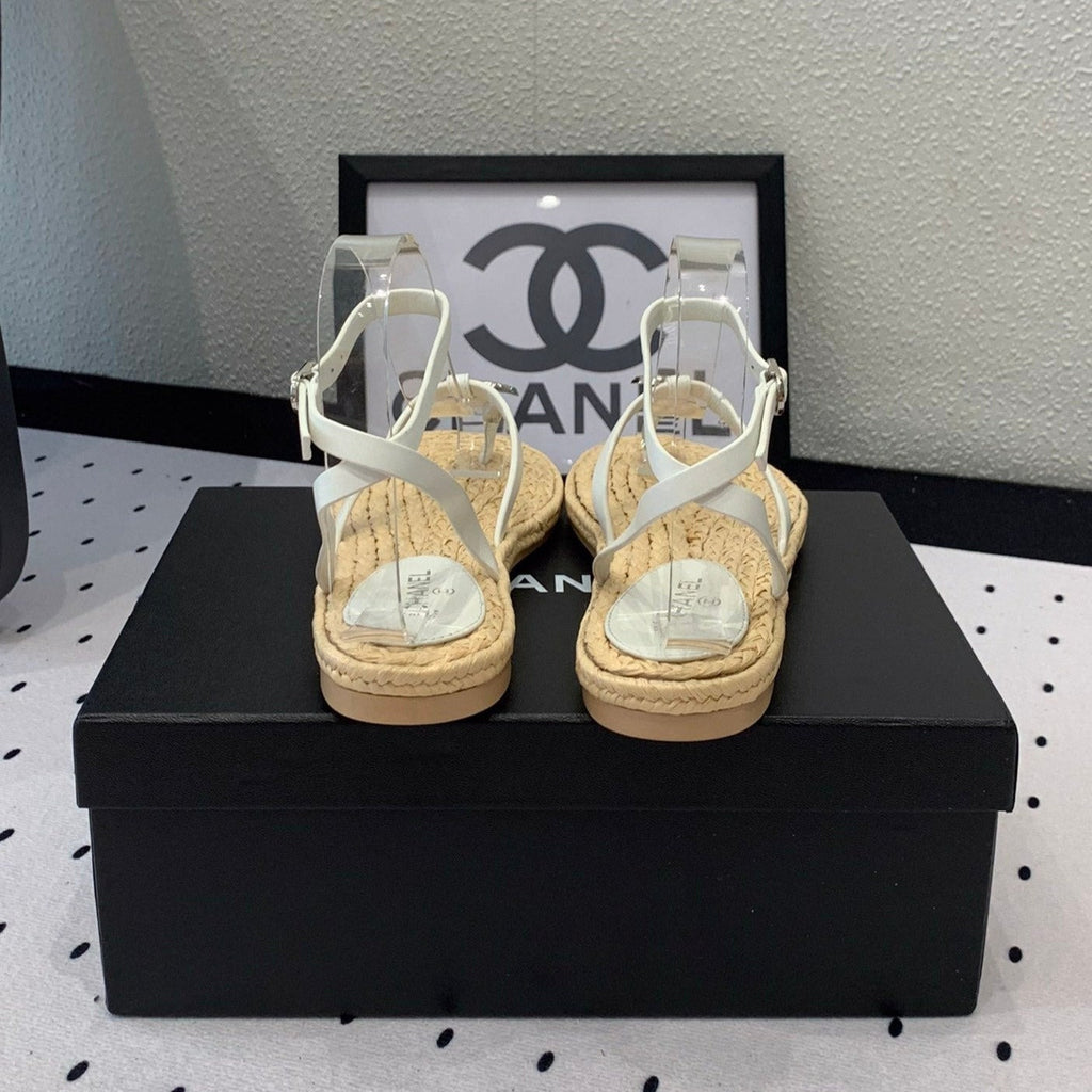 CHANEL Double  Vintage straw sandals replica designer shoe White Beige sheepskin