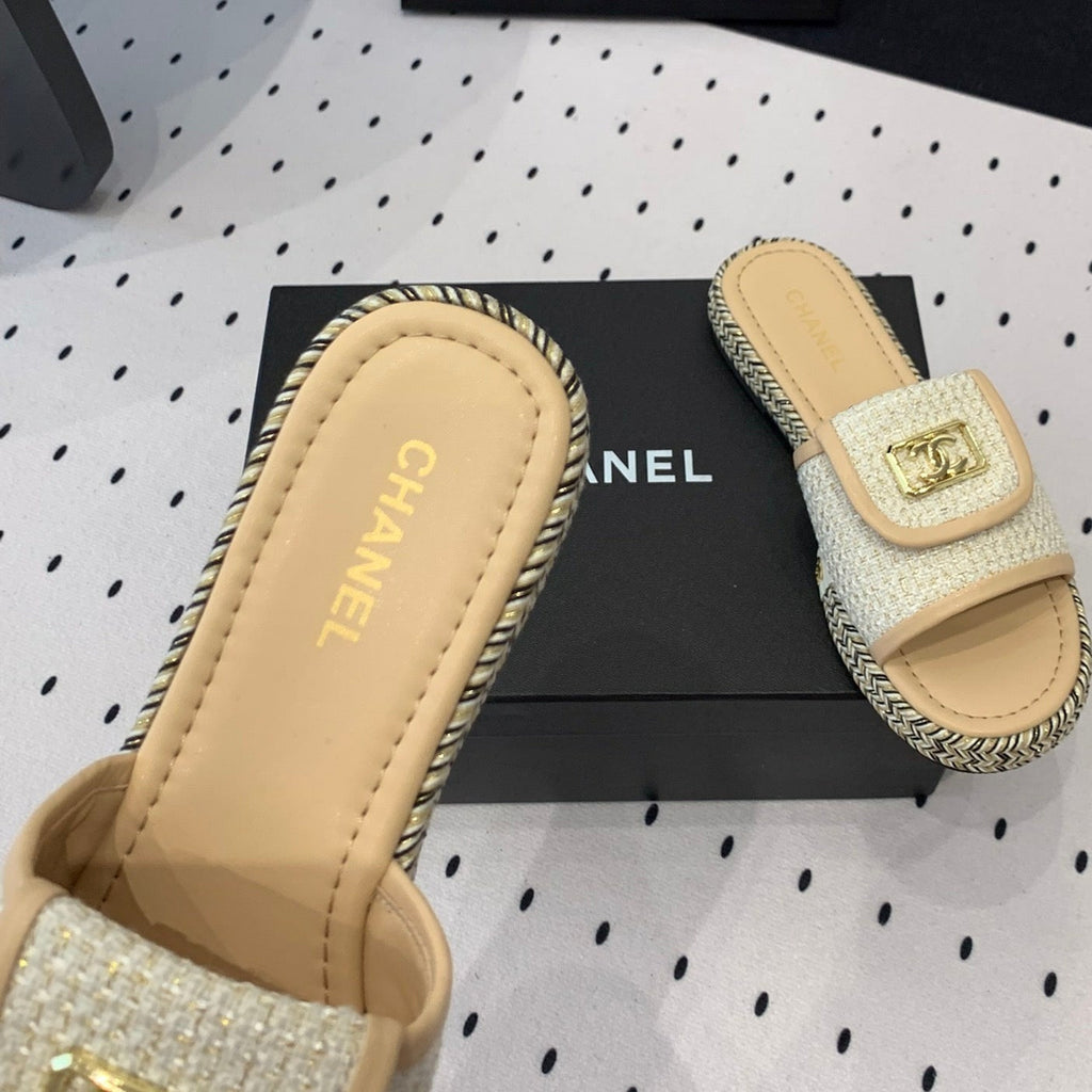 CHANEL Double  Women New Trendy Calfskin Slippers Beige Cream