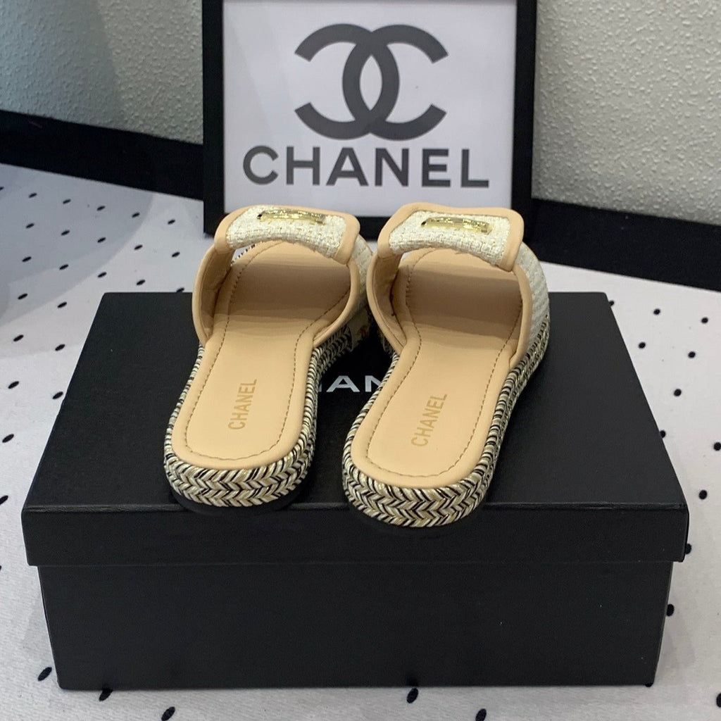 CHANEL Double  Women New Trendy Calfskin Slippers Beige Cream