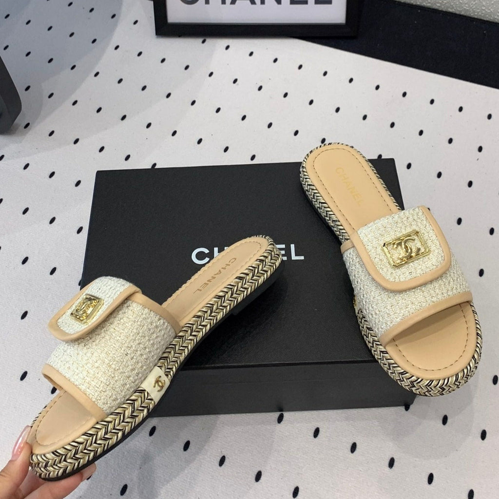 CHANEL Double  Women New Trendy Calfskin Slippers Beige Cream