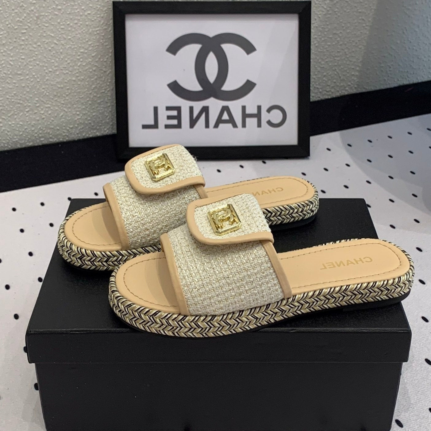 CHANEL Double  Women New Trendy Calfskin Slippers Beige Cream