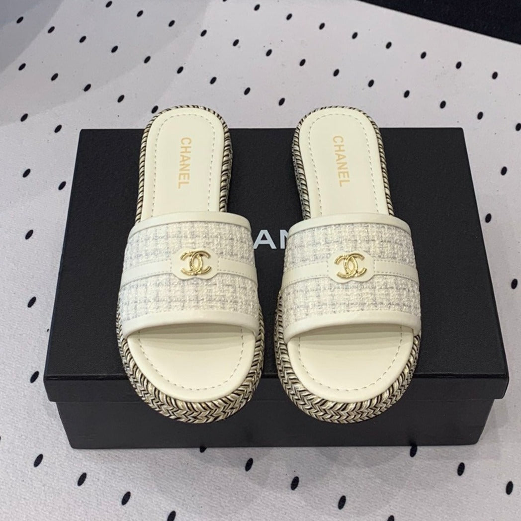 CHANEL Double  Women White Slippers Calfskin