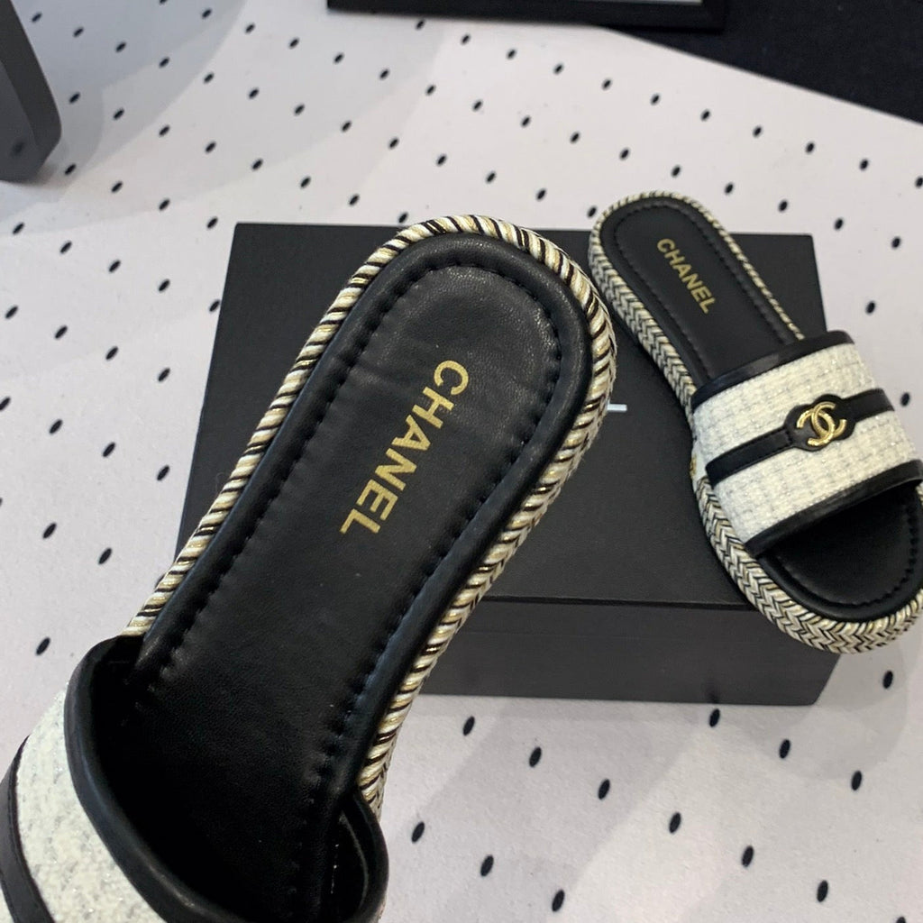 CHANEL Double  Women White Black Slippers Calfskin
