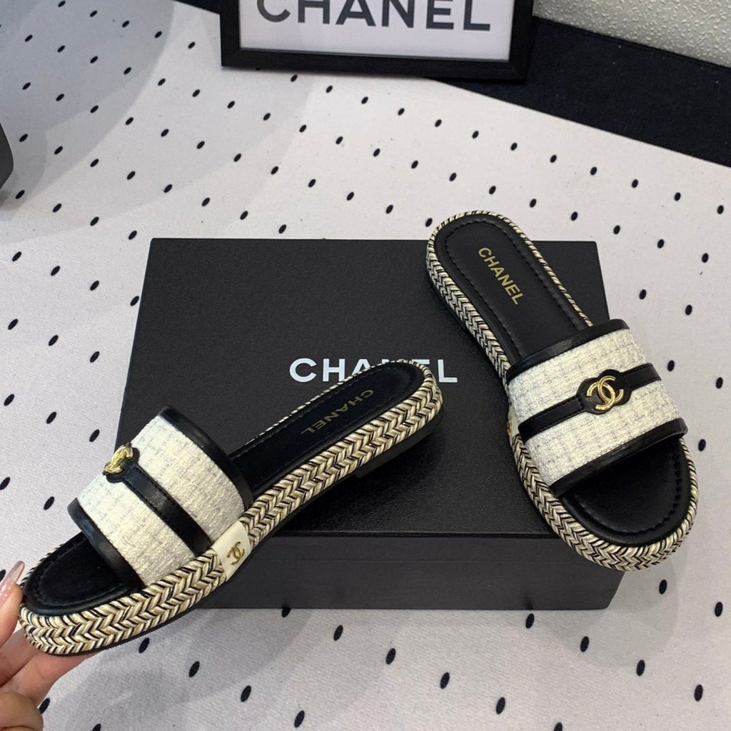 CHANEL Double  Women White Black Slippers Calfskin