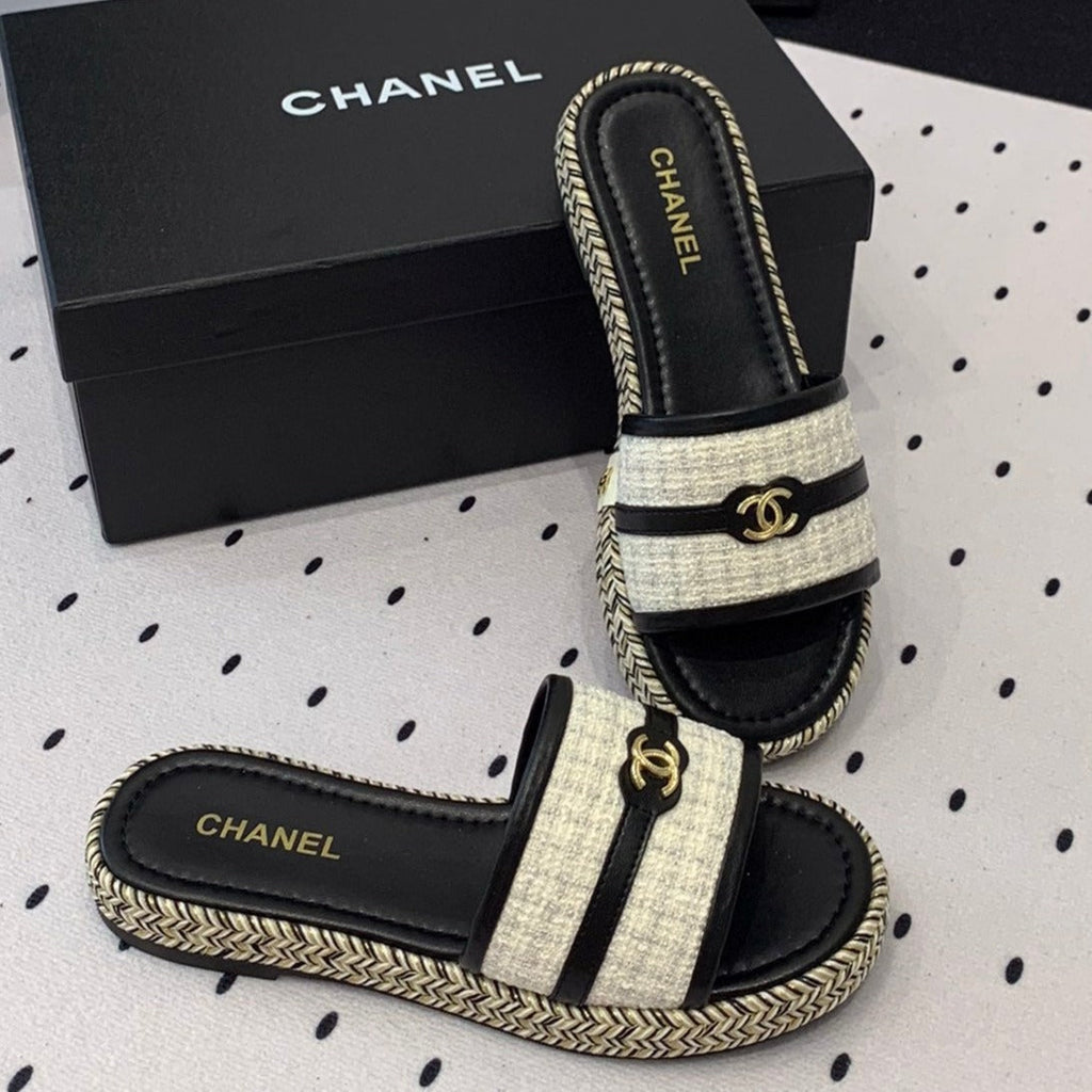 CHANEL Double  Women White Black Slippers Calfskin