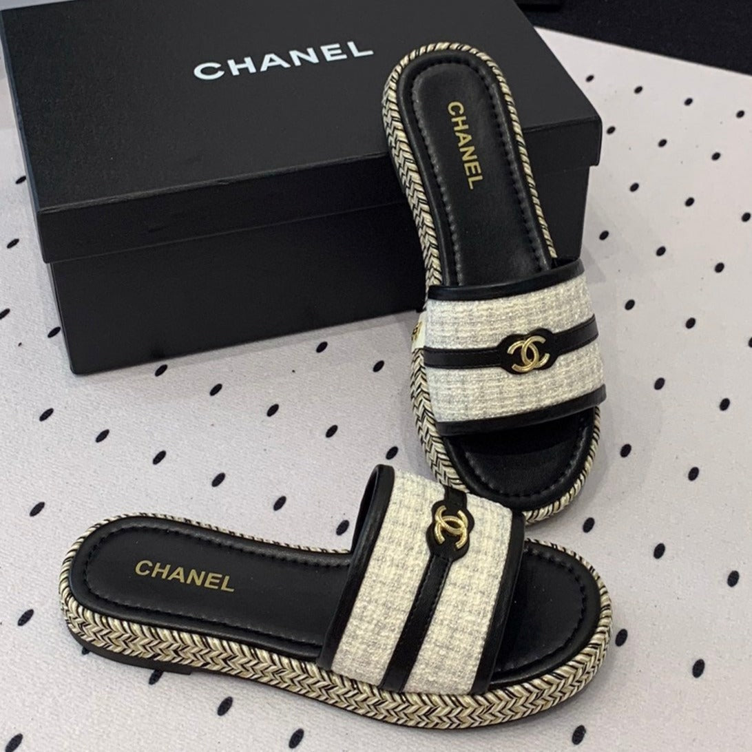 CHANEL Double  Women White Black Slippers Calfskin