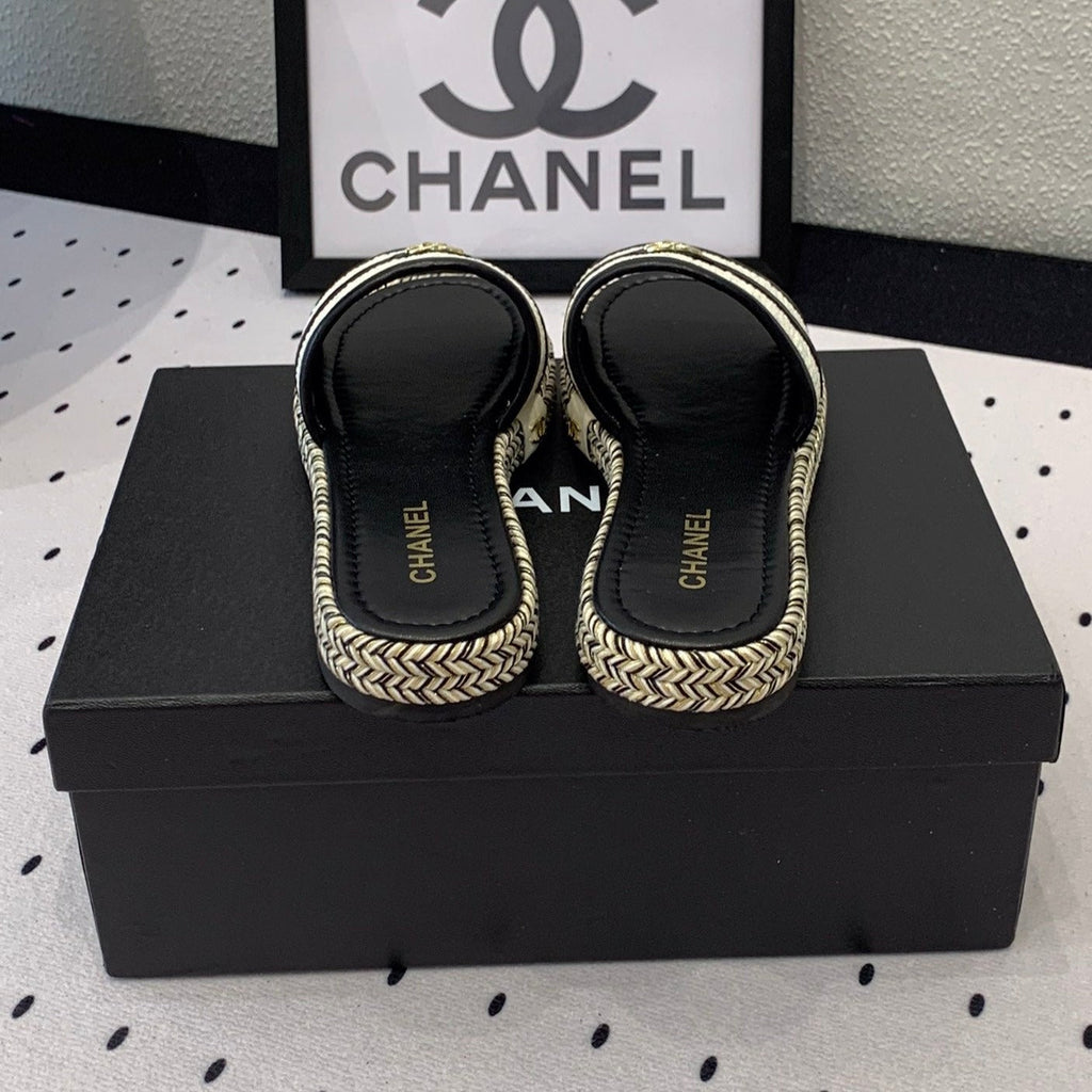 CHANEL Double  Women White Black Slippers Calfskin