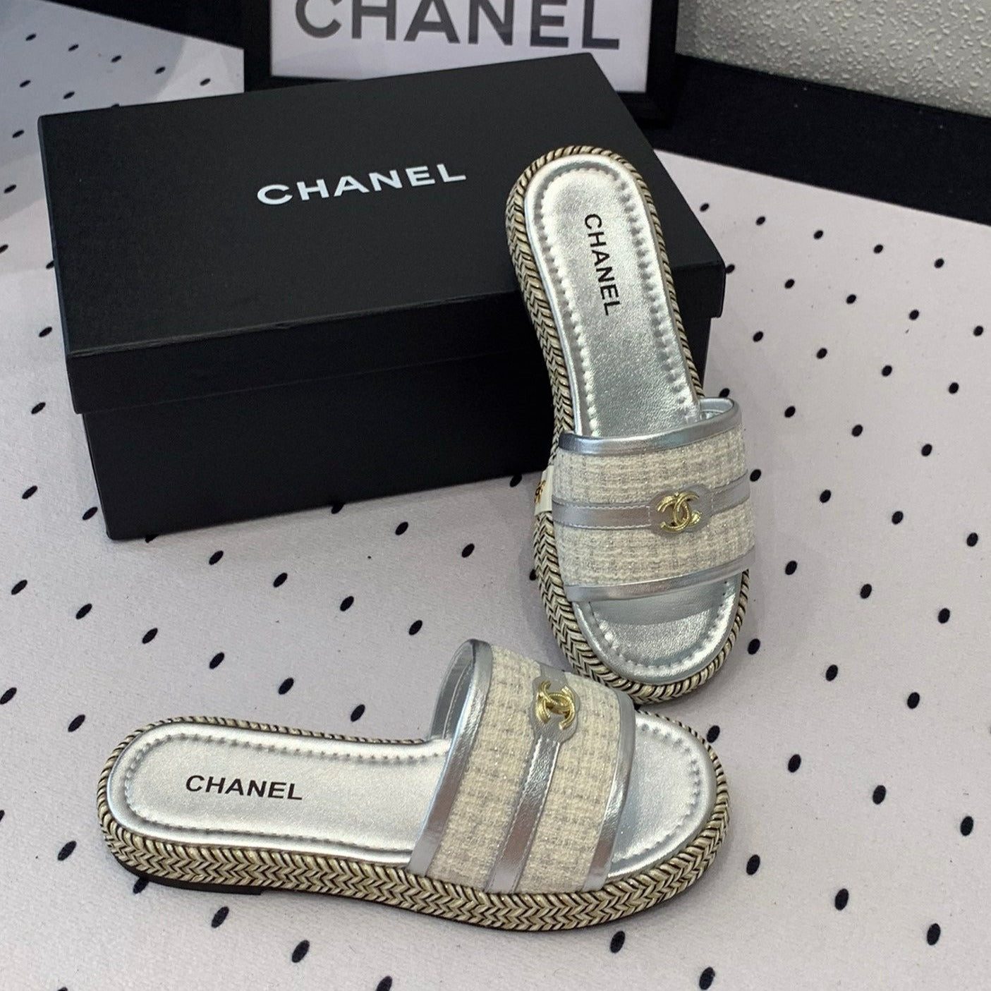 CHANEL Double  Women Silver Slippers Calfskin
