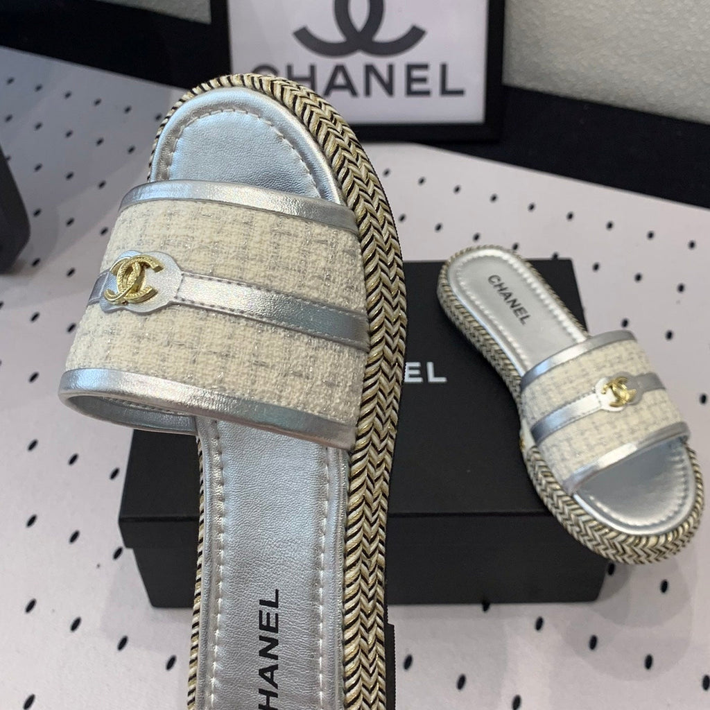 CHANEL Double  Women Silver Slippers Calfskin