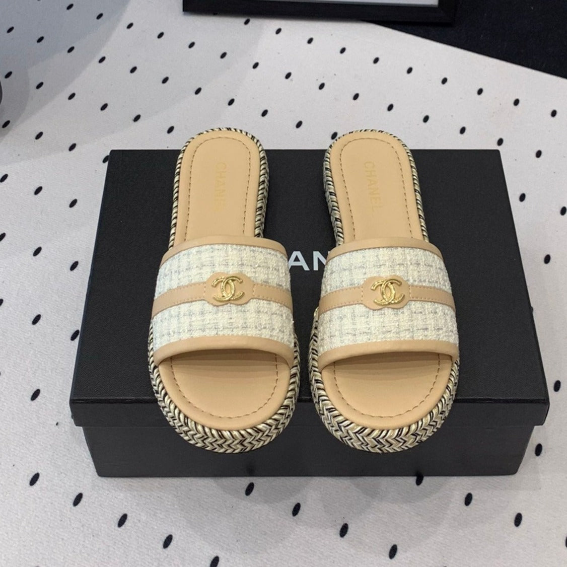 CHANEL Double  Women Beige Cream/ White Slippers Calfskin