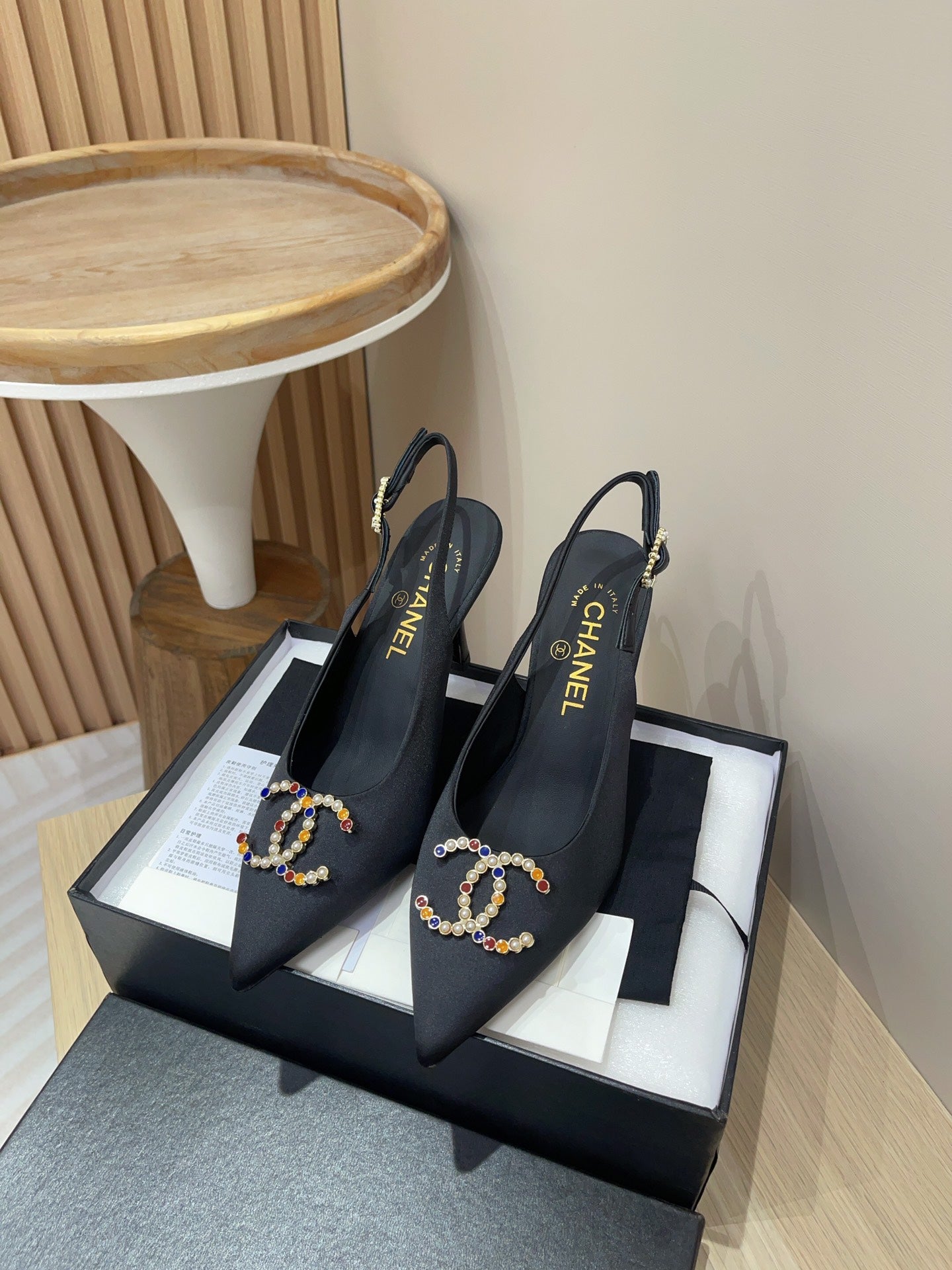 CHANEL HIGH SLINGBACKS BLACK SATIN AND LAMBSKIN