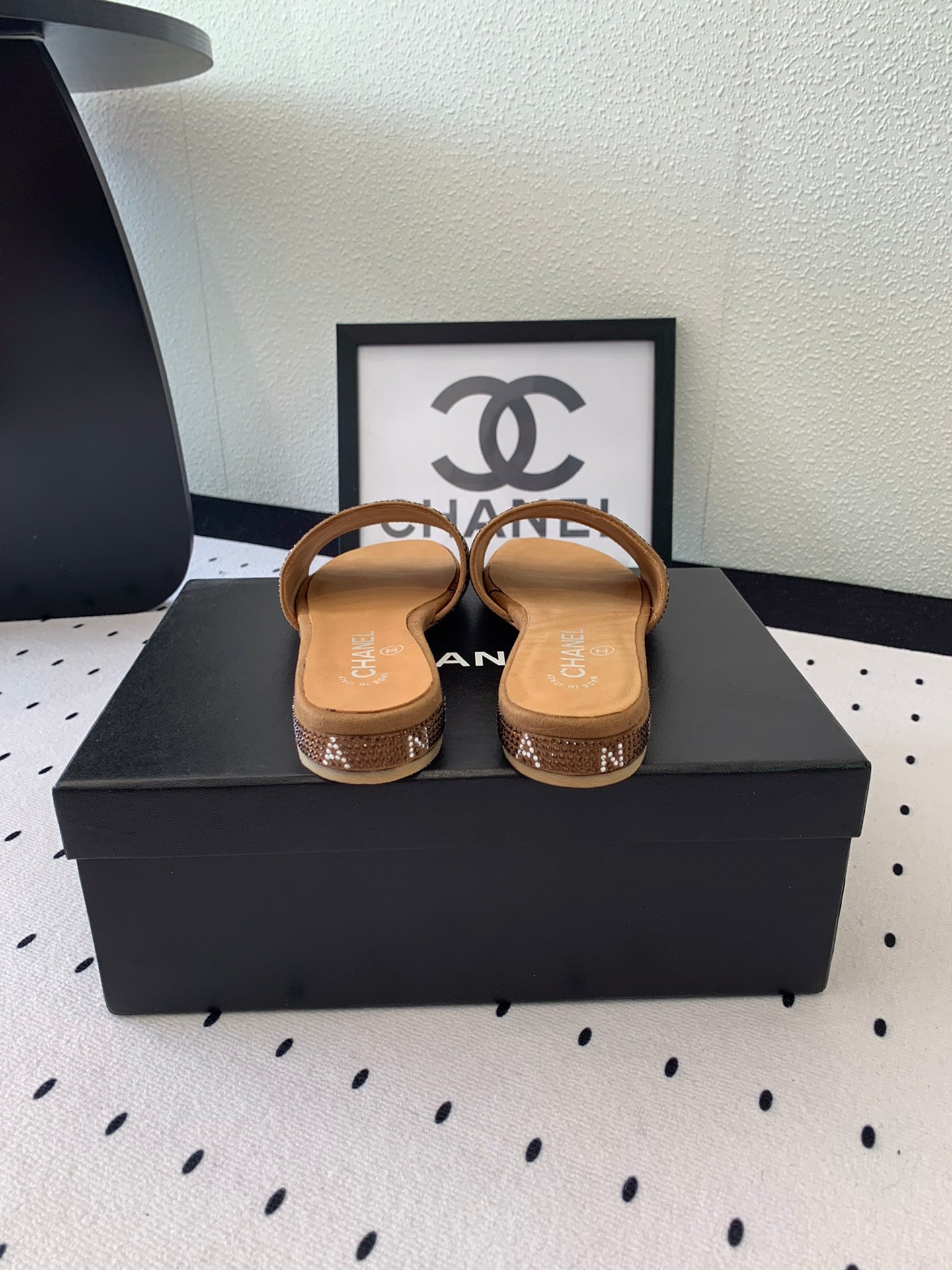 CHANEL RHINESTONE LETTER SLIPPERS CINNAMON BROWN LAMBSKIN