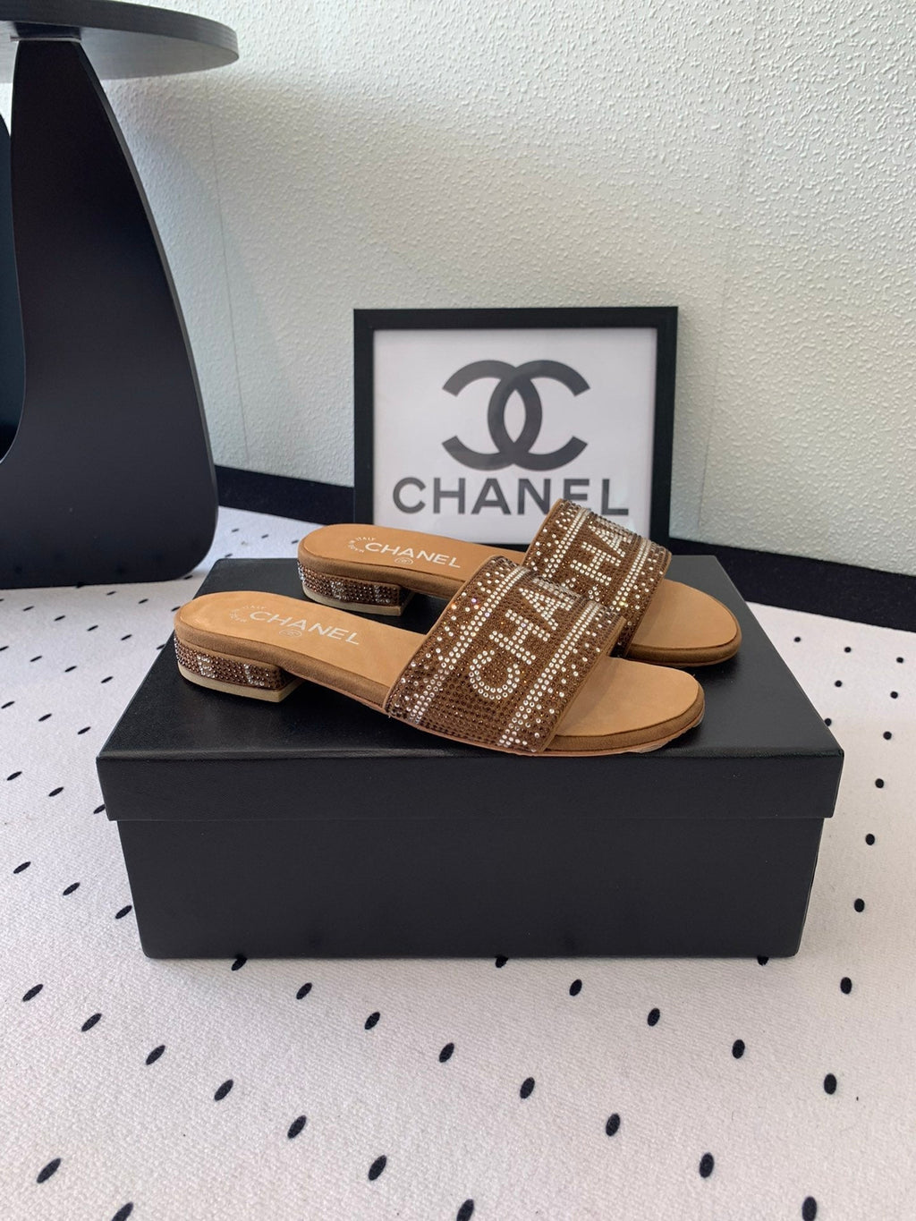 CHANEL RHINESTONE LETTER SLIPPERS CINNAMON BROWN LAMBSKIN