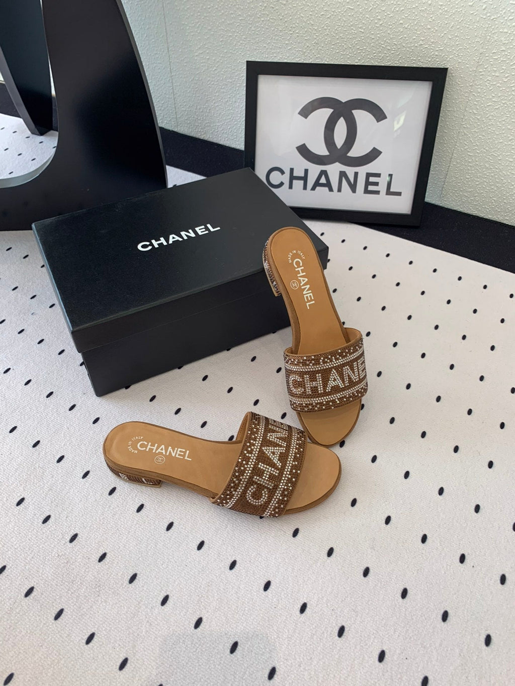 CHANEL RHINESTONE LETTER SLIPPERS CINNAMON BROWN LAMBSKIN