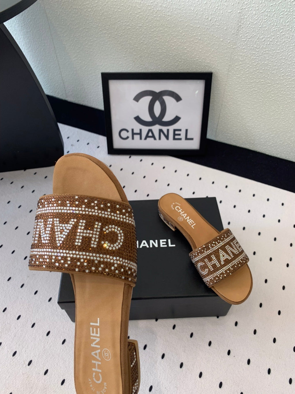 CHANEL RHINESTONE LETTER SLIPPERS CINNAMON BROWN LAMBSKIN