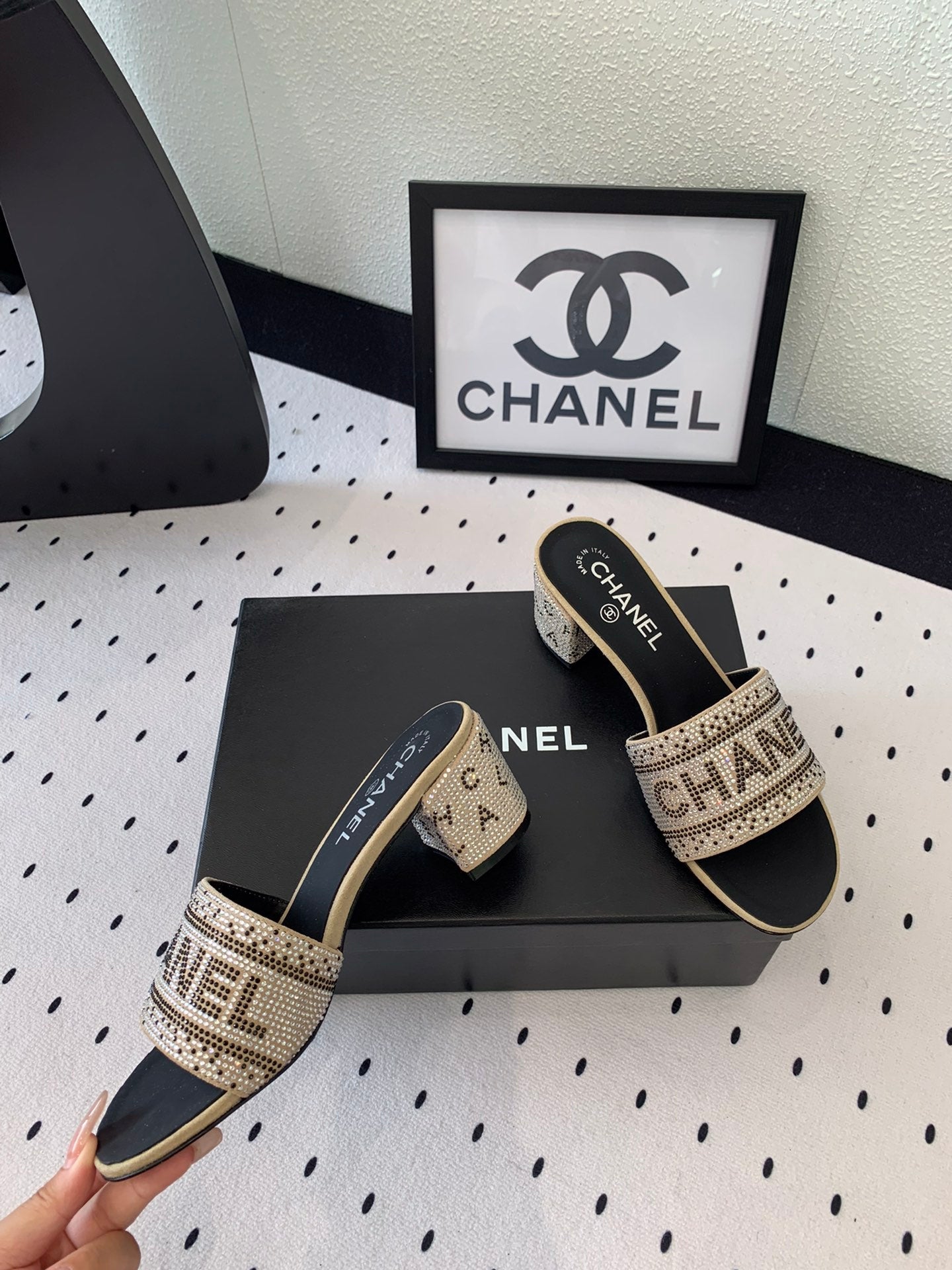 CHANEL RHINESTONE LETTER HIGH HEELS CARAMEL BROWN AND BLACK LAMBSKIN