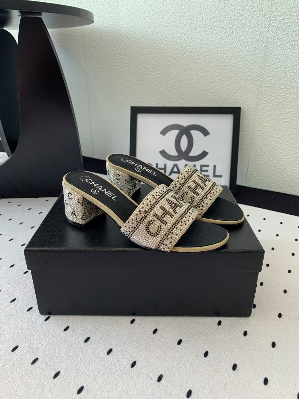 CHANEL RHINESTONE LETTER HIGH HEELS CARAMEL BROWN AND BLACK LAMBSKIN