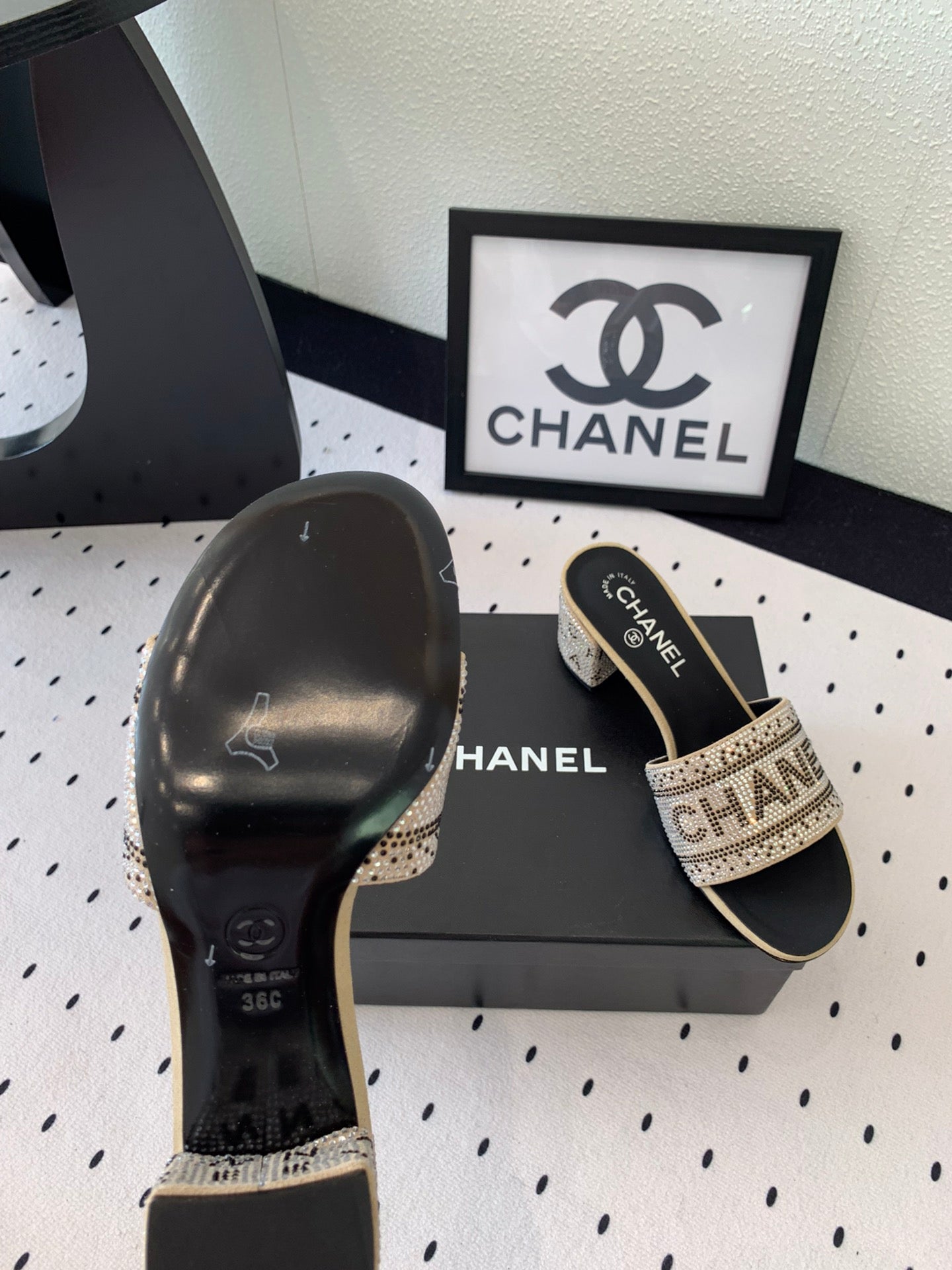 CHANEL RHINESTONE LETTER HIGH HEELS CARAMEL BROWN AND BLACK LAMBSKIN