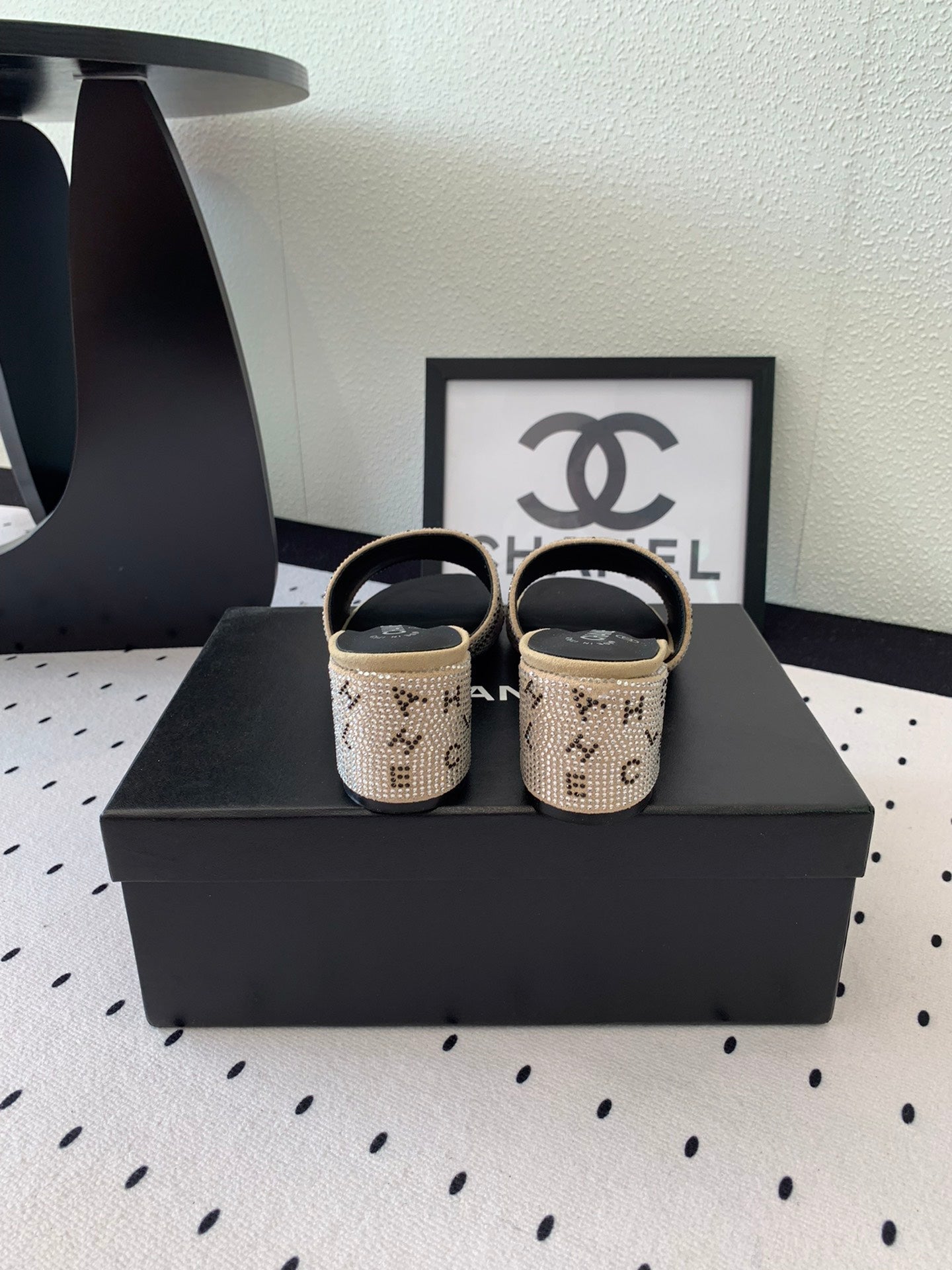 CHANEL RHINESTONE LETTER HIGH HEELS CARAMEL BROWN AND BLACK LAMBSKIN