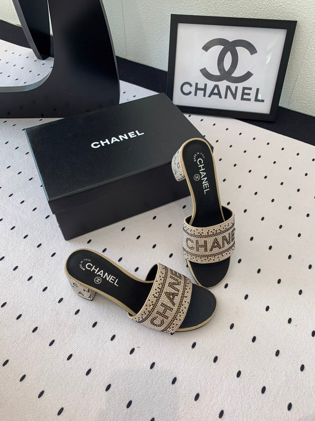 CHANEL RHINESTONE LETTER HIGH HEELS CARAMEL BROWN AND BLACK LAMBSKIN