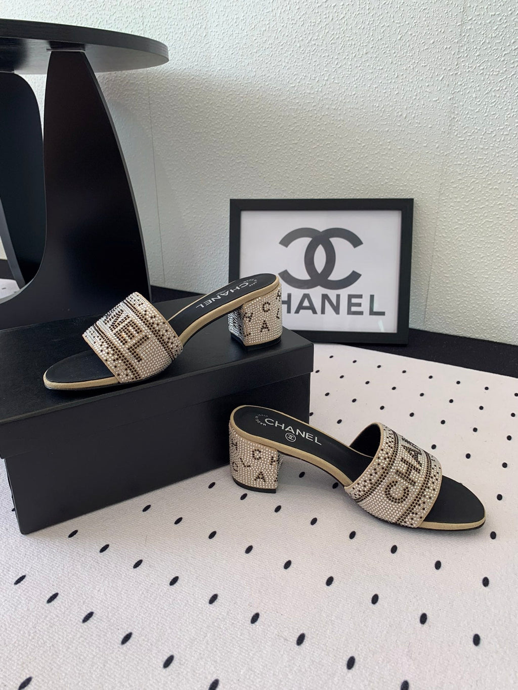 CHANEL RHINESTONE LETTER HIGH HEELS CARAMEL BROWN AND BLACK LAMBSKIN