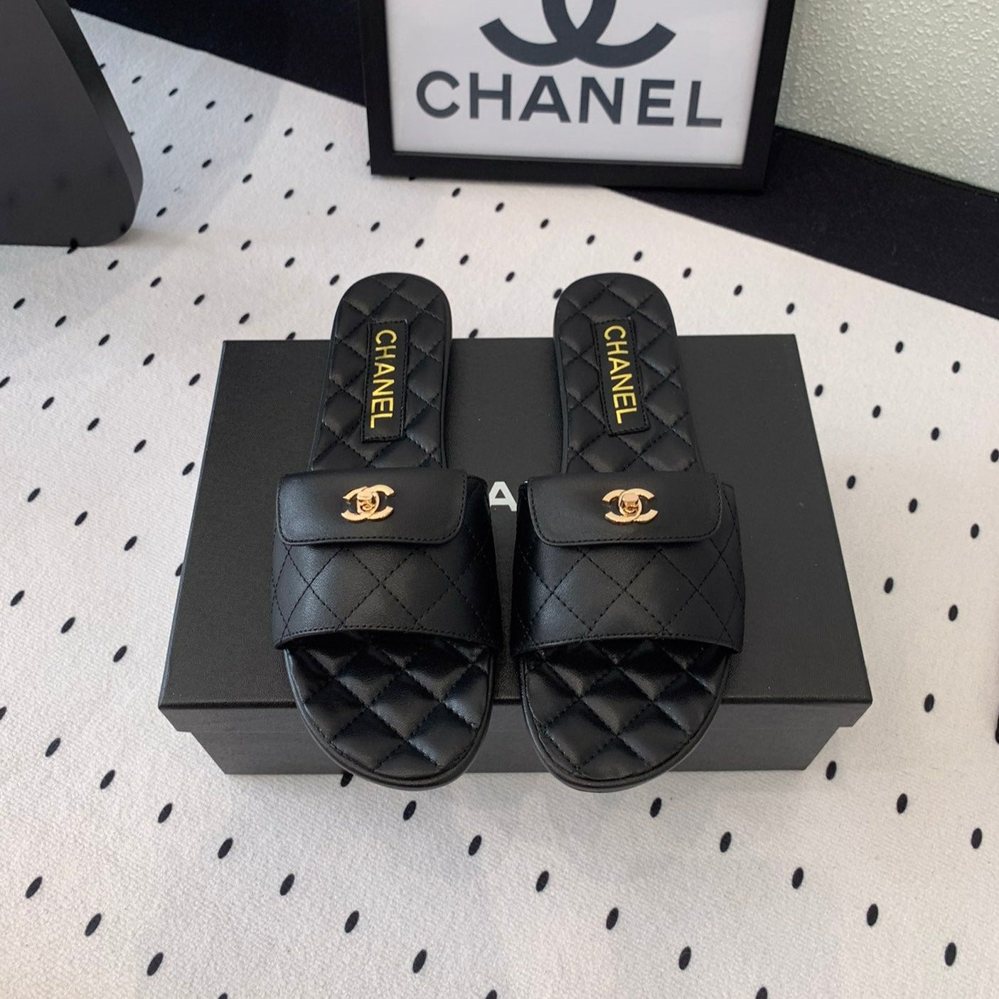 CHANEL SLIPPERS IN BLACK CALFSKIN